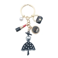Mode-Schlüsselanhänger mit Lippenstift, schwarzer Handtasche, Perle und Gold-Silhouette - Emaille Schwarz Dame Krone Lippenstift Tasche (ER582)