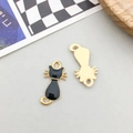 Elegant black enamel cat alloy charm with gold trim and dual connection rings - Black Enamel Back View Cat Style (9928)