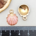 Detailed macro view of 15mm pink enamel shell charm with gold plating and ring loop - Enamel Pink Shell (8605)
