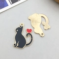 Cute black cat enamel charm with red heart tail for DIY jewelry making accessories - Black Enamel Animal Cat Style (17514)