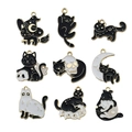 Set of 9 black and white cat enamel charms with witch hats and skulls for Halloween DIY - Halloween Skull Black Cat (10 Piece Set) (SN563)