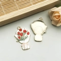 Enameled red tulip flower charm with pink bow for DIY jewelry making pendants - Red Tulip Bouquet Style (18797)