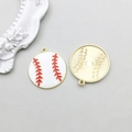 Golden alloy baseball pendant charm with white enamel front and sunburst texture back - Tennis Style (19030)