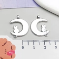 Detail view of silver crescent moon and cat alloy charms with ruler showing 1.8cm width - Antique Silver Moon Cat Style (5339)