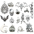 Set of 15 vintage silver Halloween charms including bat, spider web, and pumpkin pendants - Mixed Styles Set (SN54)