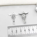 Antique silver bull skull pendant with floral carving for DIY jewelry making - Antique Silver Bull Skull (18708)
