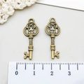 Macro-opname van vintage bronzen sleutelhangers met reliëf en liniaal voor de afmetingen - Antiek Brons Kleine Sleutel (1611)