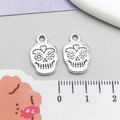 Silver skull pendant with floral engraving for DIY Halloween jewelry making - Antique Silver Flower Skull Style (10874)