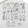 Antique silver Alice in Wonderland charms set with rabbits and clock pendants - Antique Silver Alice Series (M77)