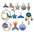 Blauwe emaille zeeschelp en zeemeermin hangers set voor DIY sieraden maken - Gemengd Blauw Emaille Oceaan Stijl