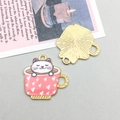 Front and back view of pink cat teacup charm in gold finish for DIY jewelry - Enamel Cup White Cat (16680)
