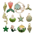 12pcs set of green enamel ocean charms including mermaid and starfish for DIY jewelry - Mixed Marine Series (SN616) / Set of 12 / Green