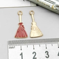 Duo of red and gold enamel broom charms for DIY Halloween jewelry making projects - Reddish Brown Enamel Broom (14016)