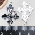 Gothic reaper cross pendant macro view with dimensions showing black enamel and silver back - Black Cross Scythe (19385)