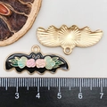 Cute black enamel bat pendant for Halloween DIY jewelry crafts with pink flower pattern - 15*32mm / Black Enamel Flower Bat (19616)