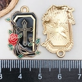 Enamel coffin pendant with gold cross and red roses for Halloween DIY jewelry making - 27*18mm / Black Enamel Cross Flower Tombstone (19621)