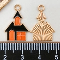 Pendentif maison hantée Halloween en émail noir et orange pour la création de bijoux DIY - Château Noir Orange (14002)