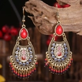 Bohemian dreamcatcher earrings with bronze alloy, red gemstones and colorful tassels - Red Blue Gemstone Retro Drop Style (4)