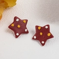 Handmade clay Christmas star stud earrings in dark red with festive colorful polka dots - Jujube Red Polka Dot