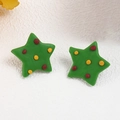 Handmade clay Christmas star stud earrings in dark green with red and yellow dot accents - Dark Green Polka Dot