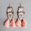 Halloween wooden skull earrings with pink fringe tassels and spider web glasses style - Pink Fringe Style