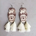 Halloween wooden skull earrings with layered white tassels and gothic design motifs - White Tassel Style