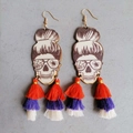 Halloween wooden skull earrings with orange purple and white tassels and spider sunglasses - Tricolor Tassel Style (Orange Purple White)