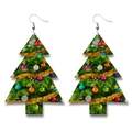 Detail of Christmas tree patterned PU leather earrings with festive colorful ornaments - Printed Christmas Tree Style (4)