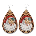 Close-up of teardrop leather earrings featuring leopard print and Santa Claus design - Leopard Print Santa Claus (5)
