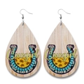 Detailed teardrop leather earrings with Cowgirl text and western sunflower motifs - Horseshoe Sunflower Cowgirl (6)