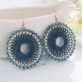 Close-up of bohemian hoop earrings with blue silk weaving and faceted crystal beads - Large Round Woven Style / Blue Green Style (4)