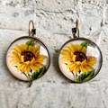 Pendientes colgantes de girasol retro en bronce con cabujón de cristal en piedra - Estilo Girasol (4)