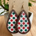 Detailed view of wood frame earrings with red and green polka dots on a display card - Red Green Polka Dots (4)