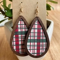 Detail of teardrop wooden earrings with red and green plaid inlay on a display card - Red Green Tartan Plaid (7)