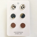 Three-pair set of round leather and leopard print horsehair stud earrings on display card - Leopard/Ore/Brown Leather Style (5)