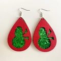 Detail of red leather teardrop earrings with green glitter snowman cutout for Christmas - Red & Green Snowman