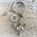 Silver western keychain with detailed bull skull, sunflower, and rhinestone charms - Sunflower Bull Skull Style (2)