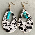 Bohemian cow print leather teardrop earrings with turquoise stones and gold hooks - Cow Pattern Style (1)