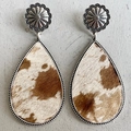 Bohemian cowhide leopard print drop earrings with silver flower studs and beaded metal edge - Brown & White Cow Pattern Style (3)