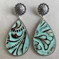 Detailed view of turquoise leather teardrop earrings with floral embossing and silver studs - Turquoise Green Embossed Style (1)