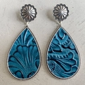 Bohemian silver drop earrings with blue floral embossed leather and metal studs - Cyan Blue Embossed Style (3)