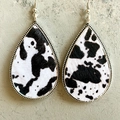 Waterdrop cow print calf hair earrings with silver beaded metal frame and hook - Black White Cow Spotted Pattern (3)