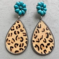Bohemian leopard print leather earrings with turquoise flower studs and silver metal trim - Leopard Print (1)