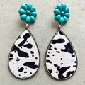 Bohemian western turquoise flower stud earrings with cow print pony hair teardrop pendant - Cow Print (3)