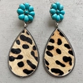 Detailed view of bohemian turquoise flower studs with large leopard print drop earrings - Leopard Texture (5)