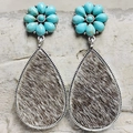 Macro detail of Bohemian turquoise flower earrings with teardrop animal print cowhide inlay - Brown White Striped (7)
