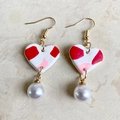 Detail of handmade rainbow heart earrings with colorful clay patterns and white pearl beads - Color Block Heart with Artificial Pearl