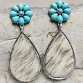 Detailed view of bohemian teardrop earrings featuring cowhide inlay and turquoise flowers - Black White Texture (6)