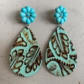 Bohemian western turquoise leather drop earrings with vintage floral embossed pattern - Teal Green Leaf Texture Style (1)