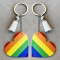 Rainbow stripe leather heart keychain set with white tassel and silver metal keyring - Rainbow Stripe Style (3)